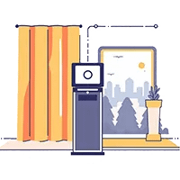 360 Photo Booth 2 Photo booth rental Long Island - Illustration of a modern room with yellow curtains, a tall blue air purifier, a window showing trees and city buildings, bright sun in the sky, and a potted plant on a yellow rug—perfect for inspiration at Photo Cube Studios.