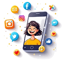 360 Photo Booth 4 Photo booth rental Long Island - A cartoon girl smiles on a smartphone screen, surrounded by colorful social media icons—perfect for capturing fun moments with Photo Cube Studios or a 360 photo booth Long Island at your next event.