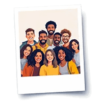 360 Photo Booth 1 Photo booth rental Long Island - A diverse group of nine smiling young adults pose closely together for a portrait in casual warm-toned clothes, framed by a white Polaroid-style border—capturing a joyful moment with a wedding photo booth Long Island experience.