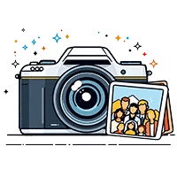 360 Photo Booth 3 Photo booth rental Long Island - Illustration of a camera with sparkles and a stack of photos in front, showing a group posing against a scenic backdrop—perfect for capturing memories at a 360 photo booth Long Island event.